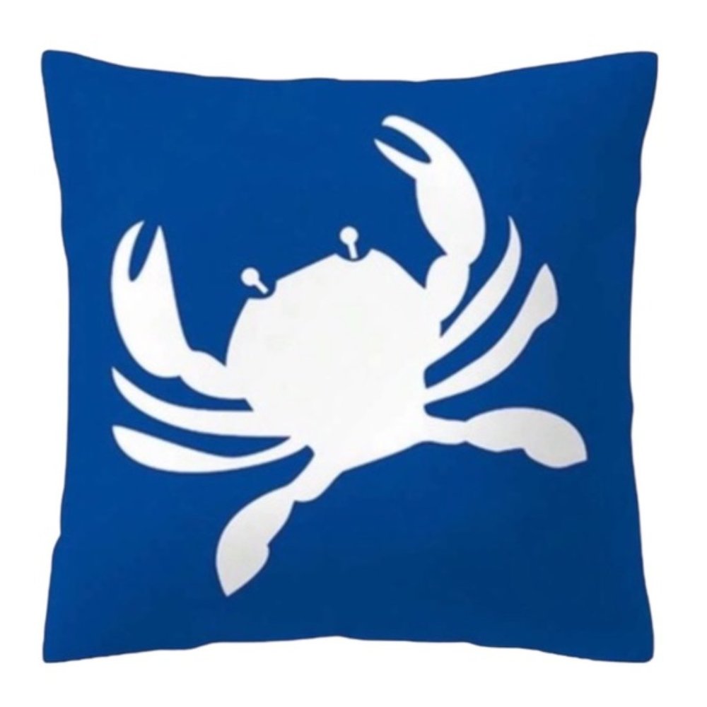 Coastal Nautical Crab Pillow Cover Graphic  17.7 in Square Classic Blue White - Picture 3 of 12